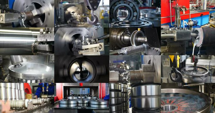 Lathe machine working collage. Automated machines at industrial plant working. Heavy equipment Iron ore mining multiscreen footage. Iron quarry collage. Full cycle creation of metal multiscreen 4 k