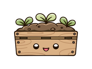 Kawaii Sprout plant growing from a wooden crate cute cartoon illustration. Gardening farming agriculture clipart.