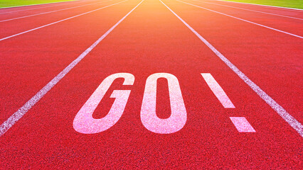 Word go written on an athletics track for business planning strategies and challenges or career path opportunities and change, road to success concept