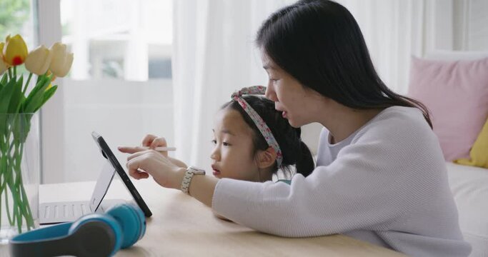 Cute Asia People Alpha Small Gen Z Kid Fun Talk Play Learn On Smart Tablet App Game With Mum At Home Sofa. Enjoy Child Care Little Girl And Mom Happy Smile Relax Teach Study Upskill Idea Online Class.