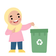 Illustration of hijab girl throwing trash in the trash can