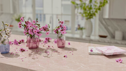 Luxurious two slabs of kitchen counter, countertop selection with pink and purple color on the...