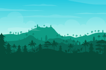 Tropical forest and mount landscape background illustration