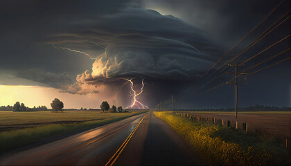 Supercell storm cloud lightning weather severe road, countryside, generative ai - obrazy, fototapety, plakaty