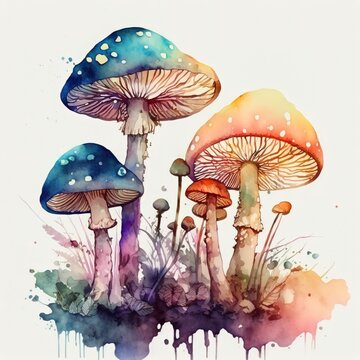 mushrooms on white background, digital painting generative ai 