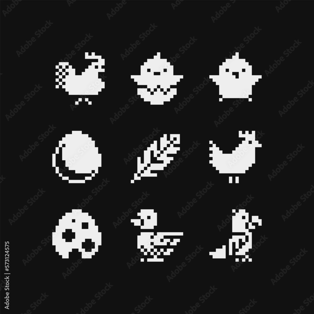 Poster pixel art set of farm animals characters. egg, chick, duck, chicken and goose isolated vector illust