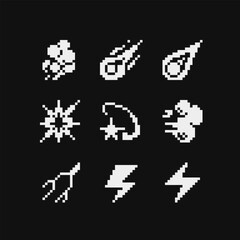 Fx light effects emoji. Pixel art abstract icons set. Light symbols. Electric lightning bolt. Energy effect. Bright light flare and sparks Isolated vector illustration.
