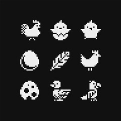 Pixel art set of farm animals characters. Egg, chick, duck, chicken and goose isolated vector illustration. Cartoon flat style icon for mobile app and sticker. Game assets. 1-bit sprite