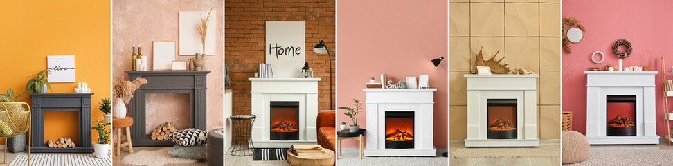 Group of fireplaces with different domestic decorations near color walls in rooms