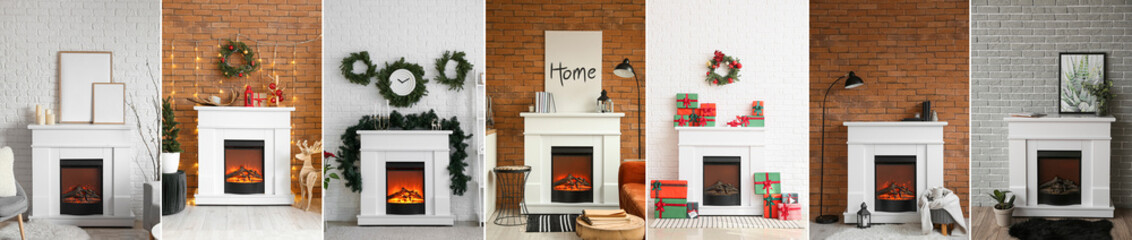 Collage of electric fireplace with different domestic decorations near brick walls