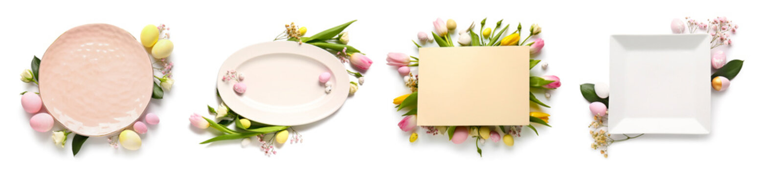 Set of empty plates, Easter eggs and flowers on white background