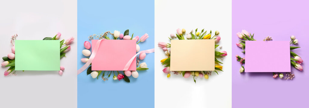 Set of blank cards, flowers and Easter eggs on color background