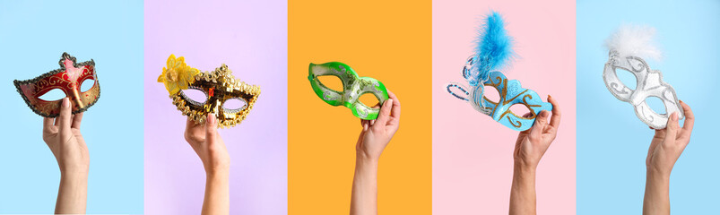 Set of hands with carnival masks on colorful background
