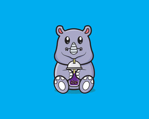 Cute Rhinoceros drink boba vector design