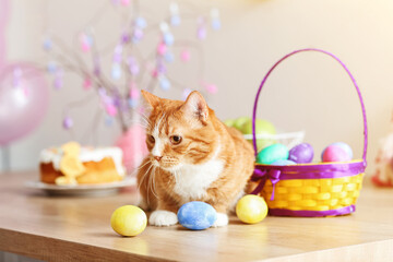 Cute red cat with Easter eggs at home