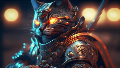 Cat samurai warrior with metal ornament armour.. Generative AI Technology.