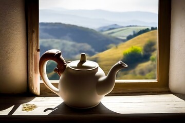 teapot on a windowsill with a scenic view in the background (AI Generated)