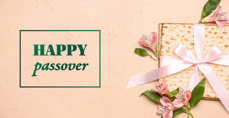 Greeting card for Passover with Jewish flatbread matza and flowers on beige background