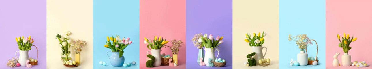 Collage with beautiful flowers, Easter eggs and toy bunnies on color background