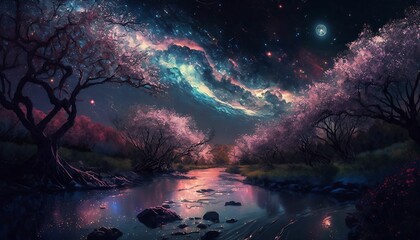 Dark painting style, river flowing through cherry blossom groves with Generative AI Technology.