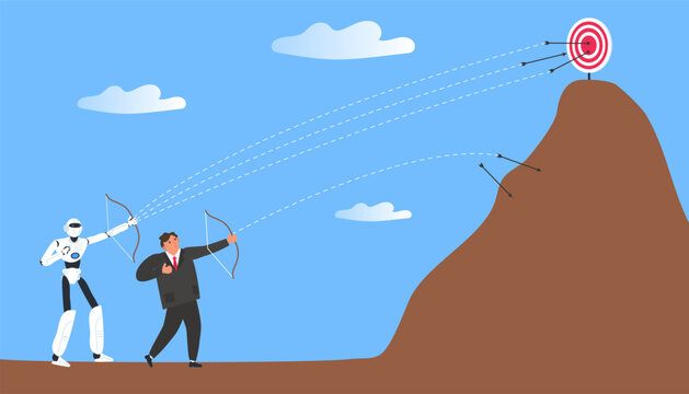 robot humanoid and businessman with bow hitting the target competition vector illustration