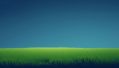Fototapeta na wymiar A green grass field with a blue sky panorama, a minimalist springtime concept for wallpaper. Created with generative AI technology.