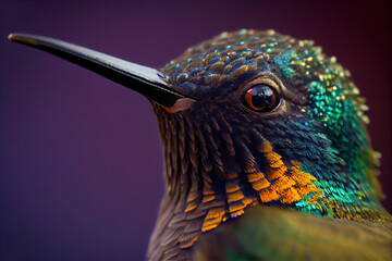 Hummingbird, close up, macro, detailed. Portrait of colorful bird, wildlife. Generative AI.