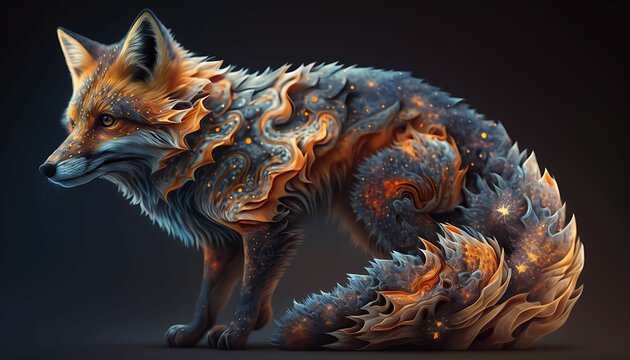 Illustration portrait of a fox with a colorful nebula with Generative AI Technology.