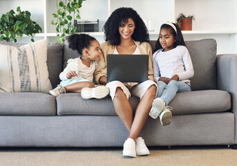 Black family, mother and children with laptop in home living room for remote work or online...