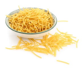 Bowl of raw vermicelli pasta on white background