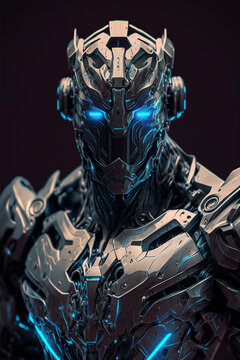 A cybernetic knight glowing blue eyes. Generative ai illustration