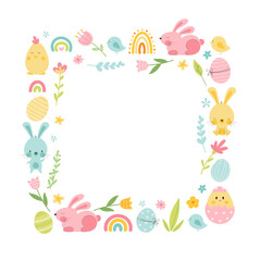 Easter frame with bunny, eggs, rainbow, flowers