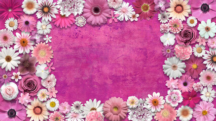 ピンクホワイトの花いっぱい、手描き背景のフローラルフレーム