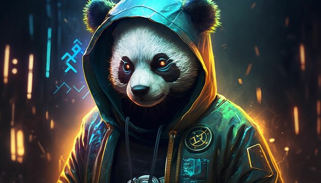 portrait of golden panda wearing a hoodie, cyberpunk style with Generative AI Technology.