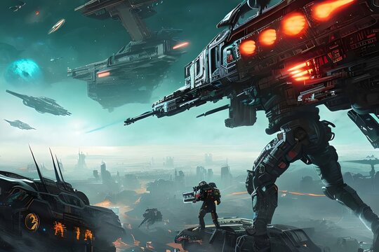 Illustration of war between humans and aliens