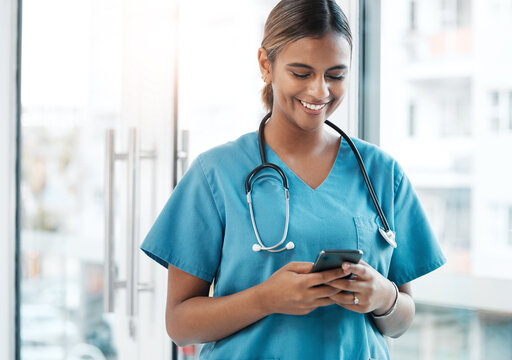 Contact, social media and doctor with a phone for communication, email and schedule. Internet, reading and woman nurse typing on a mobile for an app chat, healthcare research and conversation - Powered by Adobe