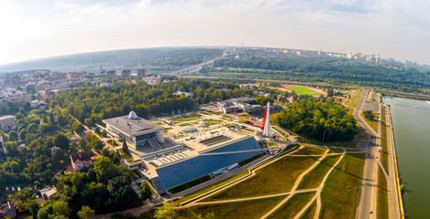 Kaluga, Russia - August 30, 2022: State Museum of the History of Cosmonautics named after K.E. Tsiolkovsky. Space rocket. Aerial view