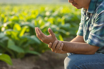 Injuries or Illnesses that can happen to farmers while working. Man is using his hand to cover over wrist because of hurt,  pain or feeling ill.