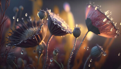 Beautiful wildflowers with dew drops at dawn, generative Ai