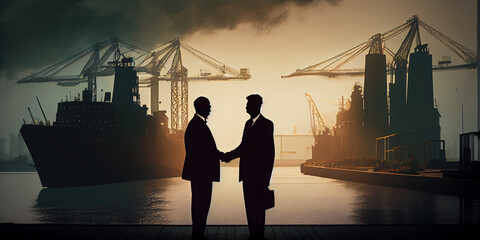 silhouette of two persons shake hand in business suite for a business partnership deal
