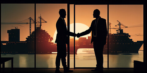 silhouette of two persons shake hand in business suite for a business partnership deal