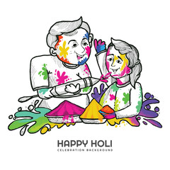 Hand draw fun characters sketch celebrate colorful holi background
