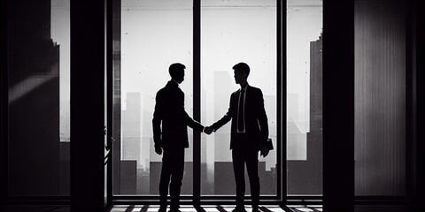 silhouette of two persons shake hand in business suite for a business partnership deal