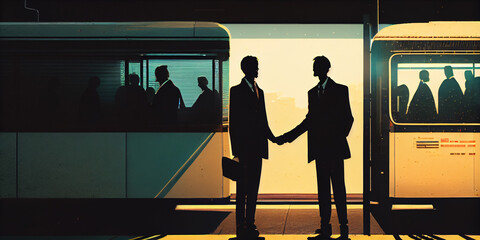 silhouette of two persons shake hand in business suite for a business partnership deal