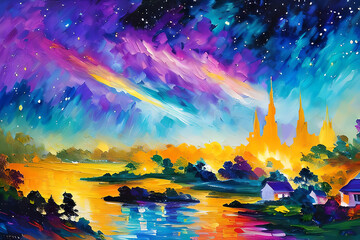 Illustration of a colorful sky and river