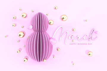 Happy women's day greeting card. Postcard on March 8. 3d Text. International Women's day 3d text in baby pink background. Abstract background with text and flowers. Vector illustration. Paper cut