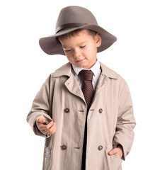 Cute little detective with retro clock on white background