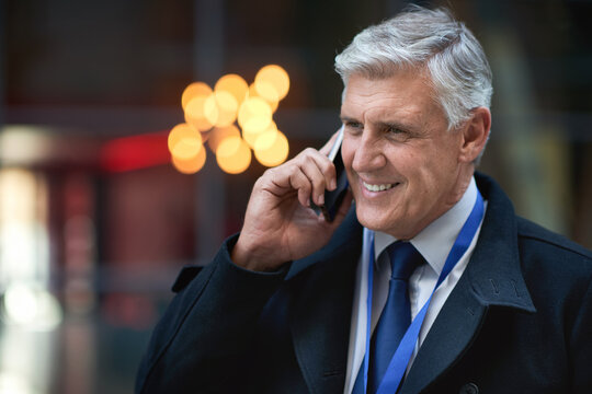 Phone call, senior and business man in city, talking or chatting to contact in night town. Bokeh, thinking and happy entrepreneur with 5g mobile smartphone for networking, discussion or conversation. - Powered by Adobe