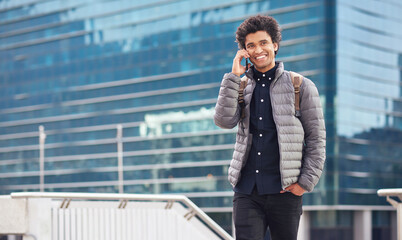 Black man, phone call and walking for city buildings, 5g network connection and travel. Happy business student person with backpack for mockup and talking on smartphone for communication in New York