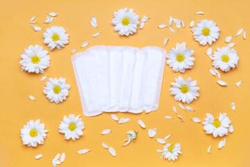 Composition with menstrual pads and chamomile flowers on color background © Pixel-Shot